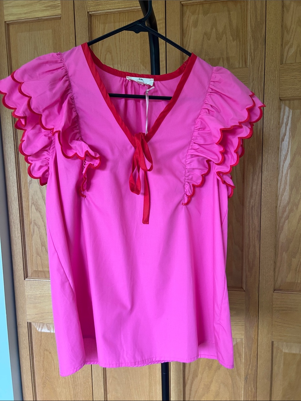 Entro Hot Pink Ruffle Tie-Neck Blouse with Red Trim